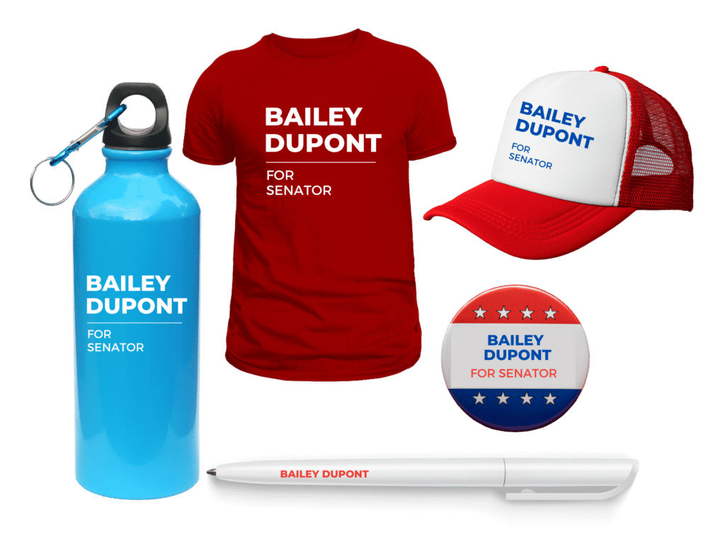 Political promotional products: t-shirts, hats, pens, pins, water bottles. Customizable print promotion